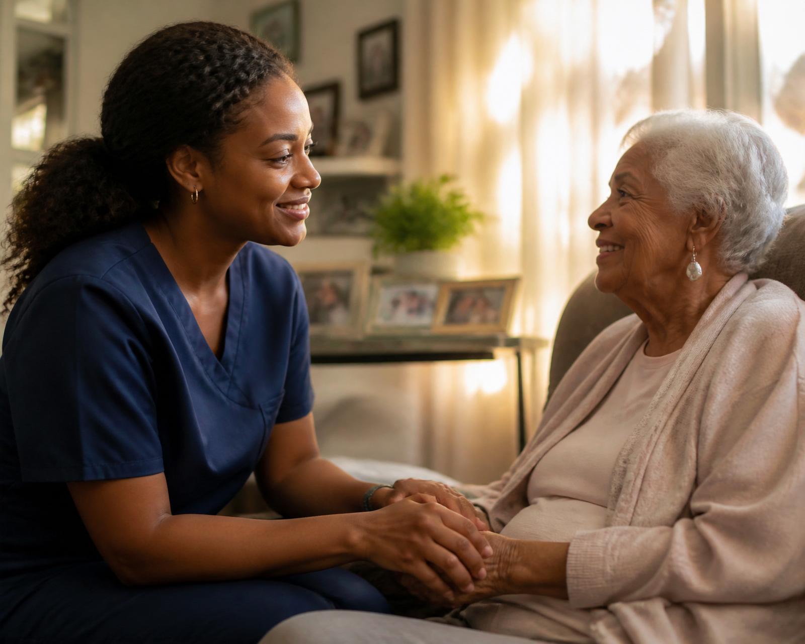 Caregiver holding hands with smiling senior client at home